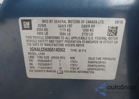 2016 Chevrolet Equinox Lt z USA, uszkodzony, nr VIN 2GNALCEK8G6145562
